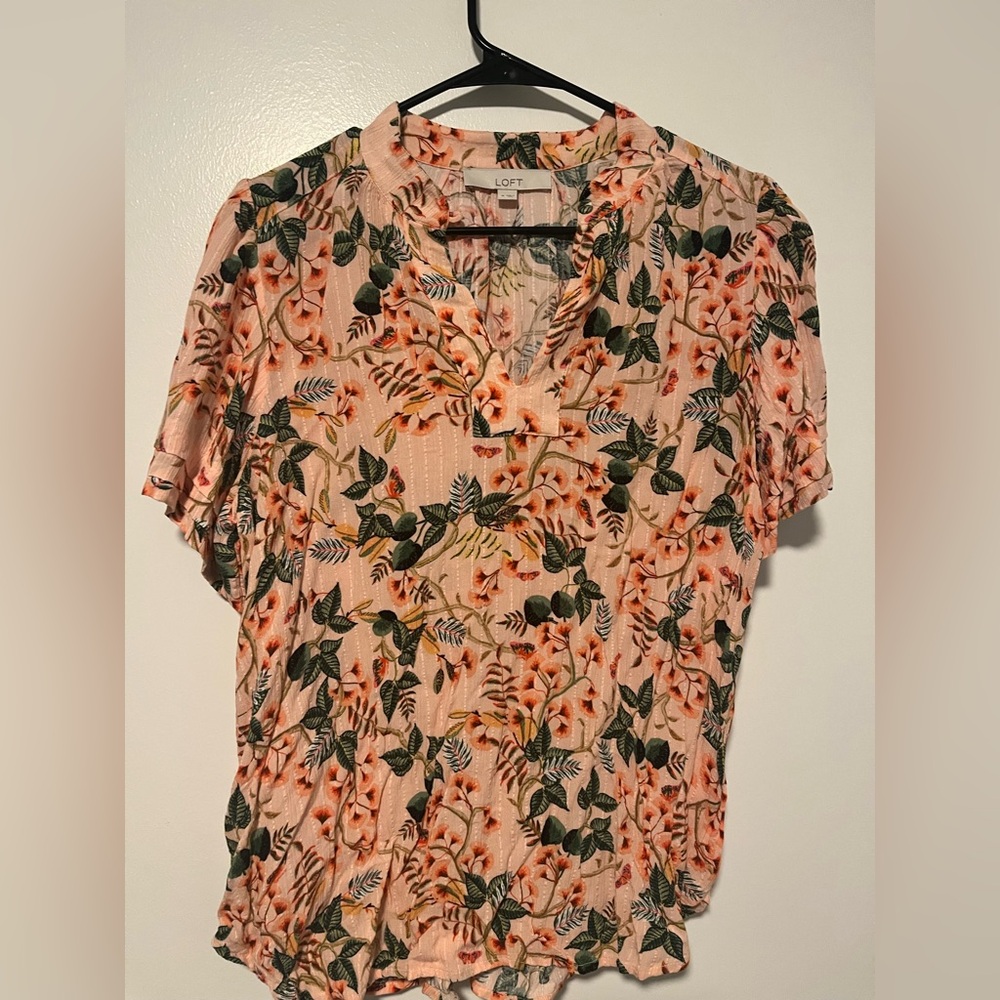 LOFT Pink Floral Ruffled Short Sleeve Top